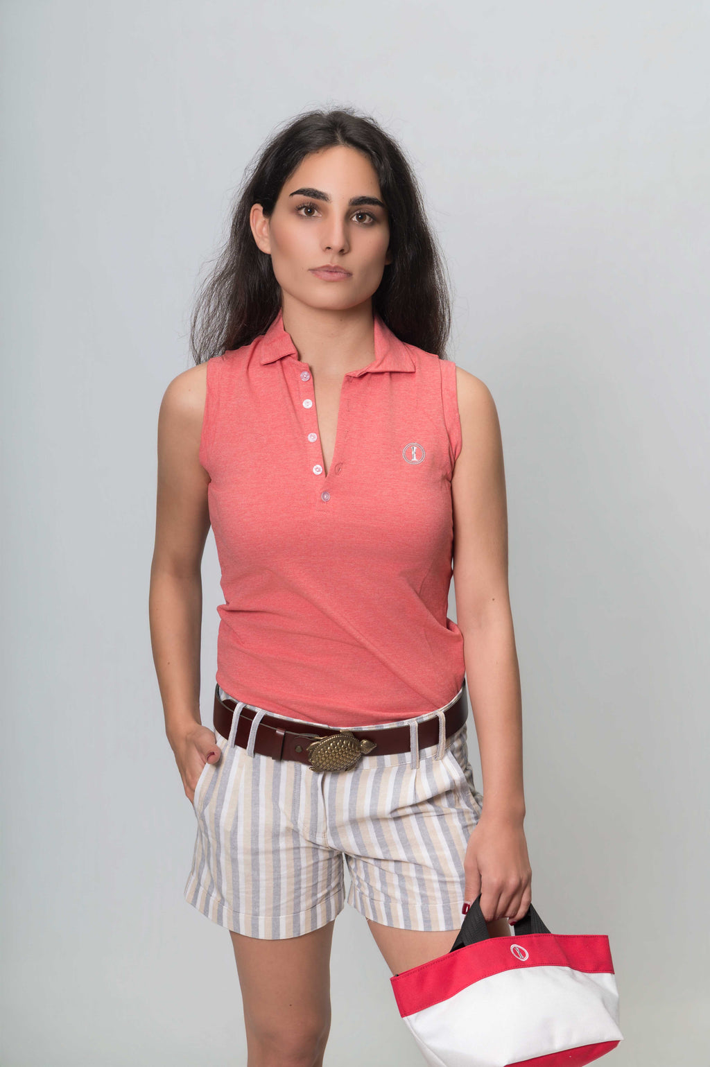 Short Birdie a Rayas Tostado, Blanco y Gris