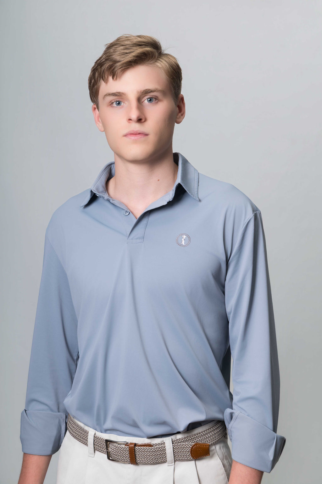 Polo Técnico de Piqué de Manga Larga Azul Grisáceo