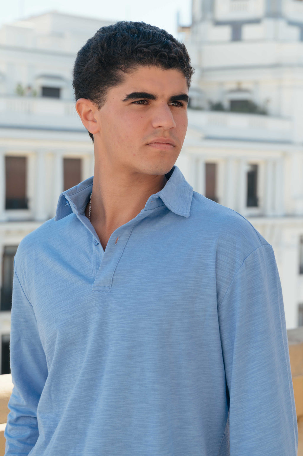 Polo de Algodón Manga Larga Azul Polar