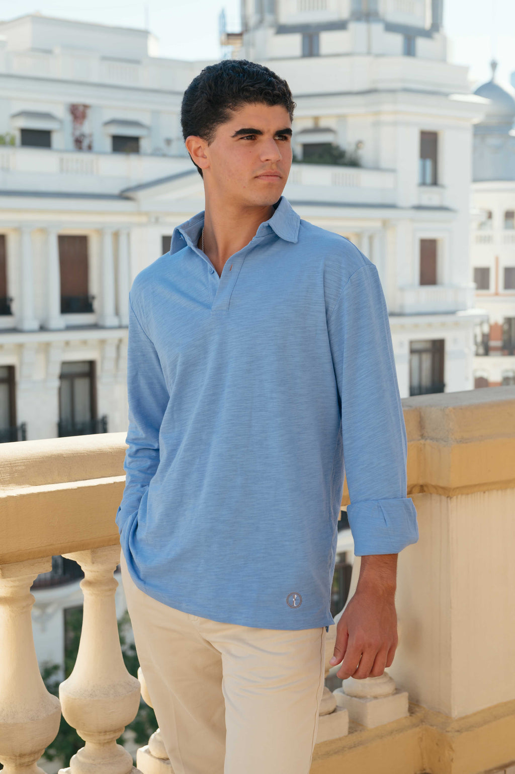Polo de Algodón Manga Larga Azul Polar