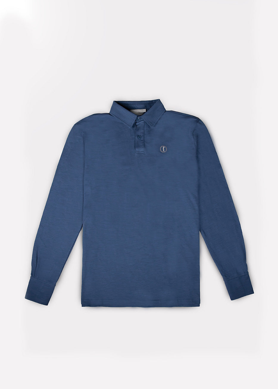 Polo de Algodón de Manga Larga Azul Envejecido