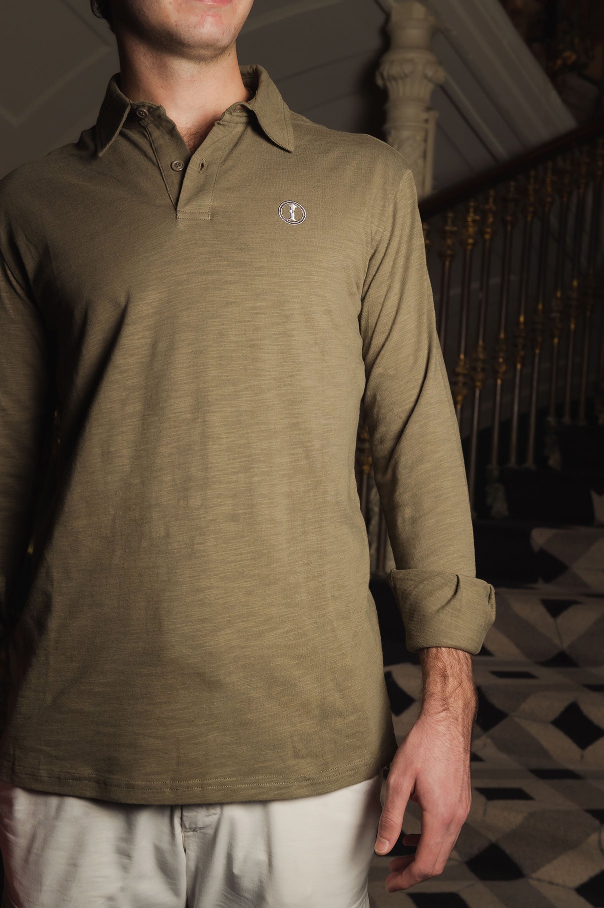 Polo de Algodón de Manga Larga Verde Oliva