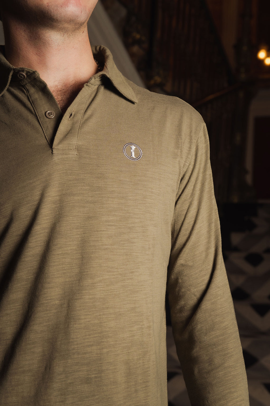 Polo de Algodón de Manga Larga Verde Oliva