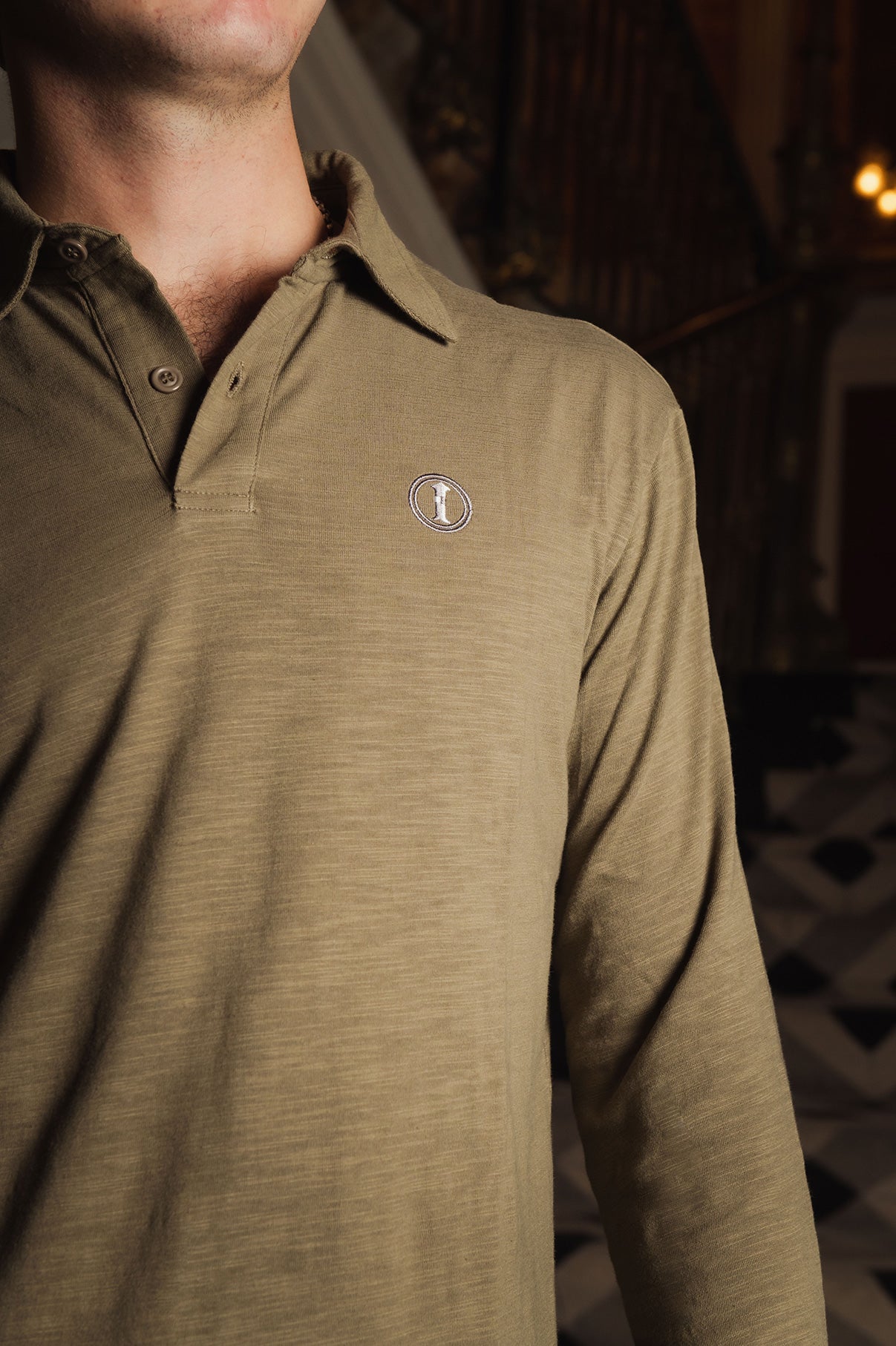 Polo de Algodón de Manga Larga Verde Oliva